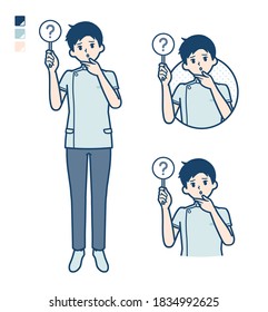 A young nurse man with Put out a question panel image.
It's vector art so it's easy to edit.
