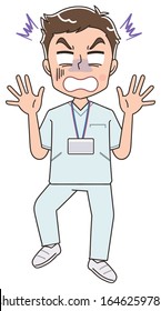 A young nurse man wearing a whitish uniform.He has positive emotions.