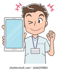 A young nurse man wearing a whitish uniform.He uses a smartphone.