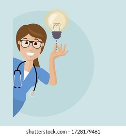 Young nurse peeks around the corner and she has a solution