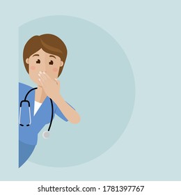 Young nurse peeps around the corner and covers his face with his hand. The nurse is surprised, discouraged. Vector flat illustration.