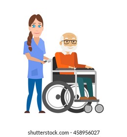 Young nurse pushing wheelchair with disabled old man. Helping elderly and sick people. Vector illustration