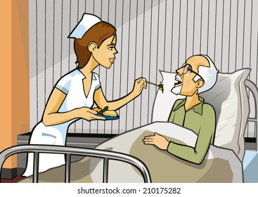 Young nurse serving a food to an elderly man with grey hair and goatee laying in a hospital bed.