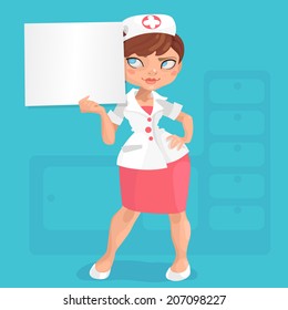 young nurse with short red hair in red skirt on a colored background with message board