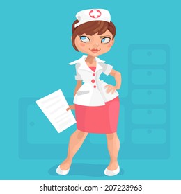 young nurse with short red hair in red skirt on a colored background
