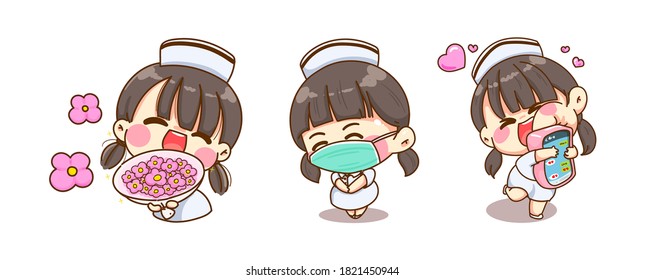 A young nurse smile face and happy isolated on background with character design.