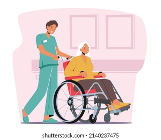 Young Nurse Social Worker Care of Sick Senior Woman Sit on Wheelchair, Medic Help Old Disabled People in Nursing Home or Clinic. Skilled Healthcare Medical Aid. Character Cartoon Vector Illustration