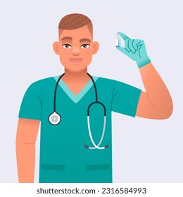 A young nurse with a stethoscope and wearing green medical gloves is standing with medicine in a bottle. Cute white young male doctor. Vector cartoon illustration.