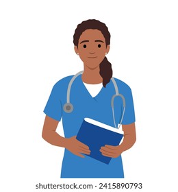 Young nurse in uniform holding notebook and pen to take notes, health worker intern woman standing and smiling. Flat vector illustration isolated on white background