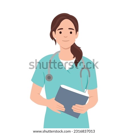 Young nurse in uniform holding notebook and pen to take notes, health worker intern woman standing and smiling. Flat vector illustration isolated on white background