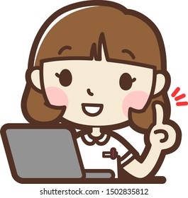 Young nurse using Laptop PC. point. vector illustration. Isolated on white background.