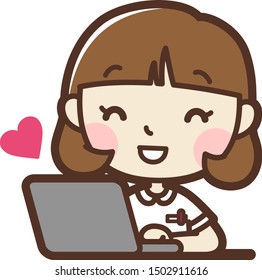 Young nurse using Laptop PC. happy. vector illustration. Isolated on white background.