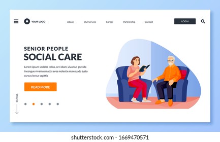 Young nurse or volunteer social worker reads book to elderly man. Vector flat cartoon characters illustration. Home taking care of seniors people, healthcare occupation and attention concept