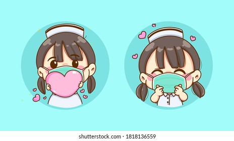 A young nurse wearing a flu mask holding pink heart and make mini heart symbol on cute character background and design.