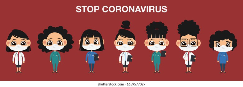 Young nurse wearing protective masks to prevent germs and viruses
 Communicable Disease Prevention Team concept.Set of isolated vector illustration in cartoon characters.