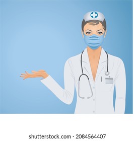 Young nurse wearing a surgical mask on a sky background 