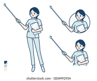A young nurse woman with Explanation with a pointing stick image.
It's vector art so it's easy to edit.
