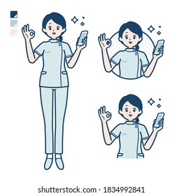 A young nurse woman with Holding a smartphone and doing an OK sign images.
It's vector art so it's easy to edit.
