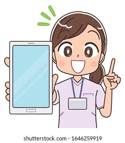 A young nurse woman wearing a whitish uniform.She uses a smartphone.