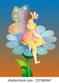 a young nymph sitting on a daisy dreamy looks to the sky