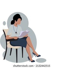 Young office girl wearing high heels blue skirt light gray long sleeve shirt sitting by cross legged on chair..Vector isolate flat design of Business woman lady entrepreneur working and reading paper 