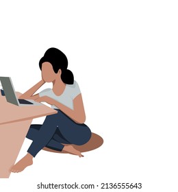 Young office girl wearing high heels blue skirt light gray long trousers sitting by cross legged on floor..Vector isolate flat design of Business woman lady entrepreneur working on laptop computer.