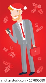 Young Office Guy in Christmas Hat on Red Festive Holy Background