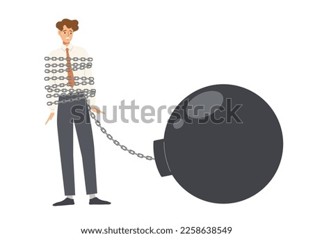 Young office man is chained to giant blank weight isolated on white background. Concept of debt, financial issue, burden, obligation,  struggle with career obstacle. Flat vector illustration.
