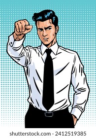 Young office man in a tie.The man shows his fist.Retro vintage style. Color comic pop art.Cartoon illustration.