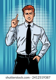 Young office man in a tie.The man shows his index finger.Retro vintage style. Color comic pop art.Cartoon illustration.