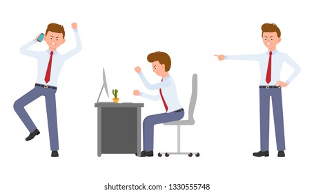 Young office manager angry, stressed, sitting at the desk, talking on phone. Cartoon character design of shouting, pointing finger, unhappy man emotions concept