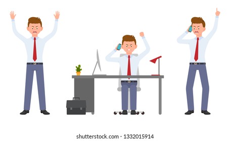 Young office manager angry, stressed, desperate, talking on phone. Cartoon character design of shouting, pointing finger, unhappy man emotions concept