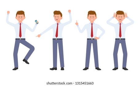 Young office manager in formal wear angry, stressed, desperate. Cartoon character design of shouting, pointing finger, unhappy man emotions concept