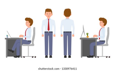 Young office manager in formal wear sitting at the desk, typing, writing. Cartoon character design of handsome man smiling, standing, front and back view emotional concept