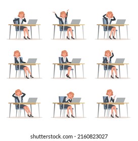 Young Office Woman Sitting at Desk with Laptop Engaged in Workflow Vector Set