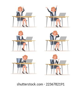 Young Office Woman Sitting at Desk with Laptop Engaged in Workflow Vector Set