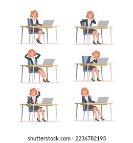Young Office Woman Sitting at Desk with Laptop Engaged in Workflow Vector Set