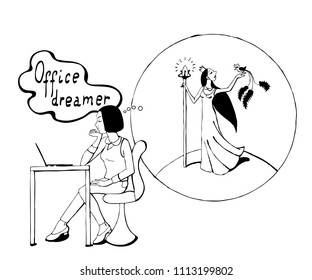 Young office woman sitting at the work place and dreaming about her in long dress with magic wand holding a bird. Black and white.