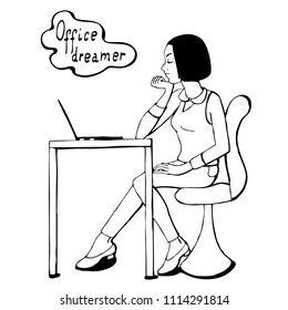 Young office woman sitting at the work place and dreaming. Black and white.