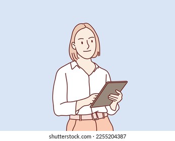 Young office woman taking notes in copybook standing simple korean style illustration