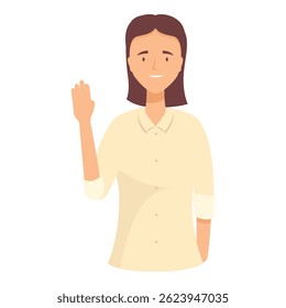 Young office worker with brown hair is waving her hand and smiling