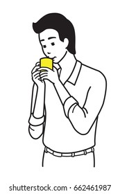 Young office worker, businessman, drinking coffee. Outline or line sketch, hand draw illustration style. 