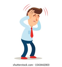 Young office worker covering ears with hands with annoyed expression for loud noise sound, music. Stressed man, headache. Noise pollution. Vector illustration, flat cartoon style. Isolated on white.