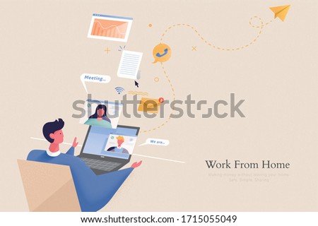 Young office worker is doing online meeting with his team through video call, concept of work from home in flat design