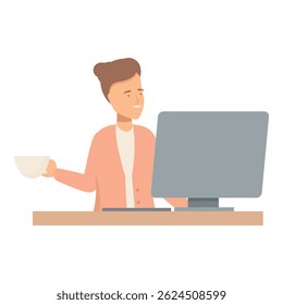 Young office worker is enjoying a cup of coffee while working on her computer