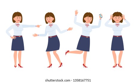 Young office worker female shouting, pointing finger, surprised, upset, shocked. Cartoon character design of stressed woman at work