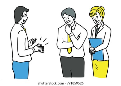 Young office worker holding new smartphone, showing screen to his partner, colleagues, friends. Outline, thin line art, hand drawn sketch design, simple style.