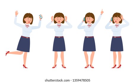 Young Office Worker Lady Running In Shock, Shouting, Surprised, Amazed, Calling, Talking. Cartoon Character Design Of Angry, Stressed Woman Using Smartphone Emotions Concept