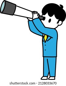 Un joven trabajador de oficina mirando hacia el futuro con un telescopio