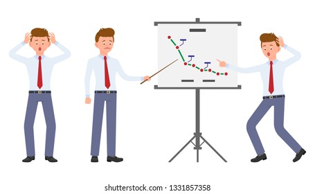Young office worker making presentation shocked, surprised, amazed, under the pressure. Cartoon character design of stressed, worry, nervous, scared man emotions concept